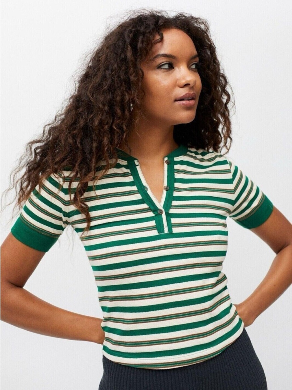 **Urban Outfitters Striped Henley Crop Top Button Front Size S Raw Hem Fair
